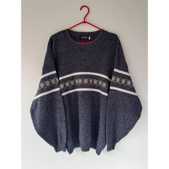 90s vintage mens blue grey grandpa argyle print casual long sleeved knit sweater - Picture 1 of 10